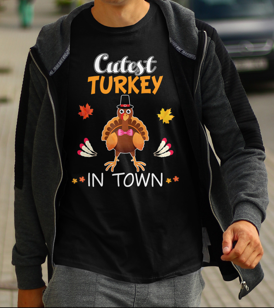 Cutest Turkey In Town Cute Turkey Fall Leaves Bowtie T-Shirt