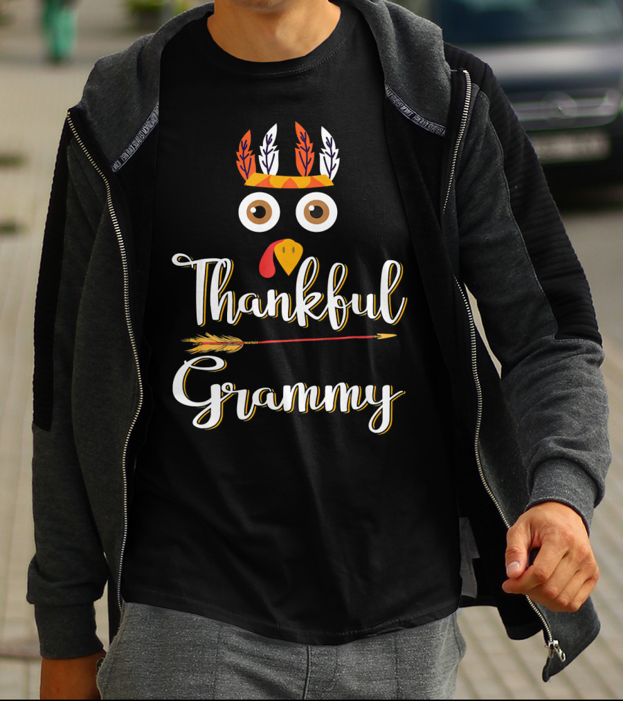 Thankful Grammy Turkey Face With Feather Headband And Arrow T-Shirt