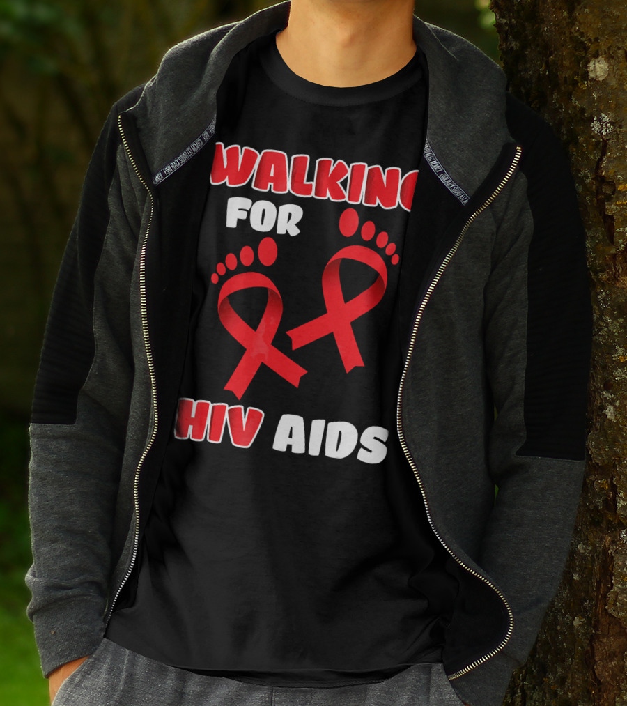WALKING FOR HIV AIDS AWARENESS WITH RED RIBBON FOOTPRINT T-Shirt