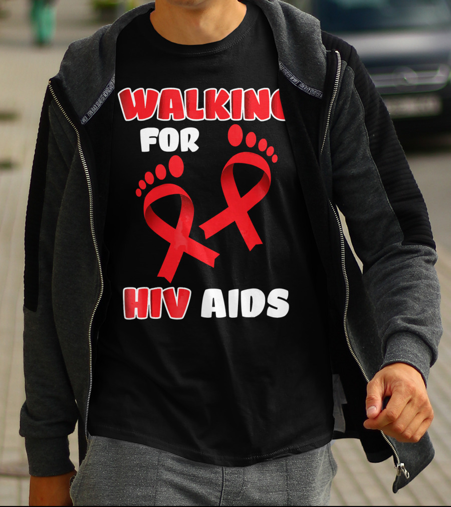 WALKING FOR HIV AIDS AWARENESS WITH RED RIBBON FOOTPRINT T-Shirt