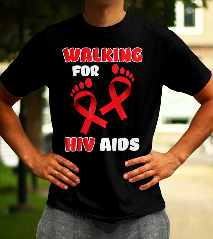 WALKING FOR HIV AIDS AWARENESS WITH RED RIBBON FOOTPRINT T-Shirt