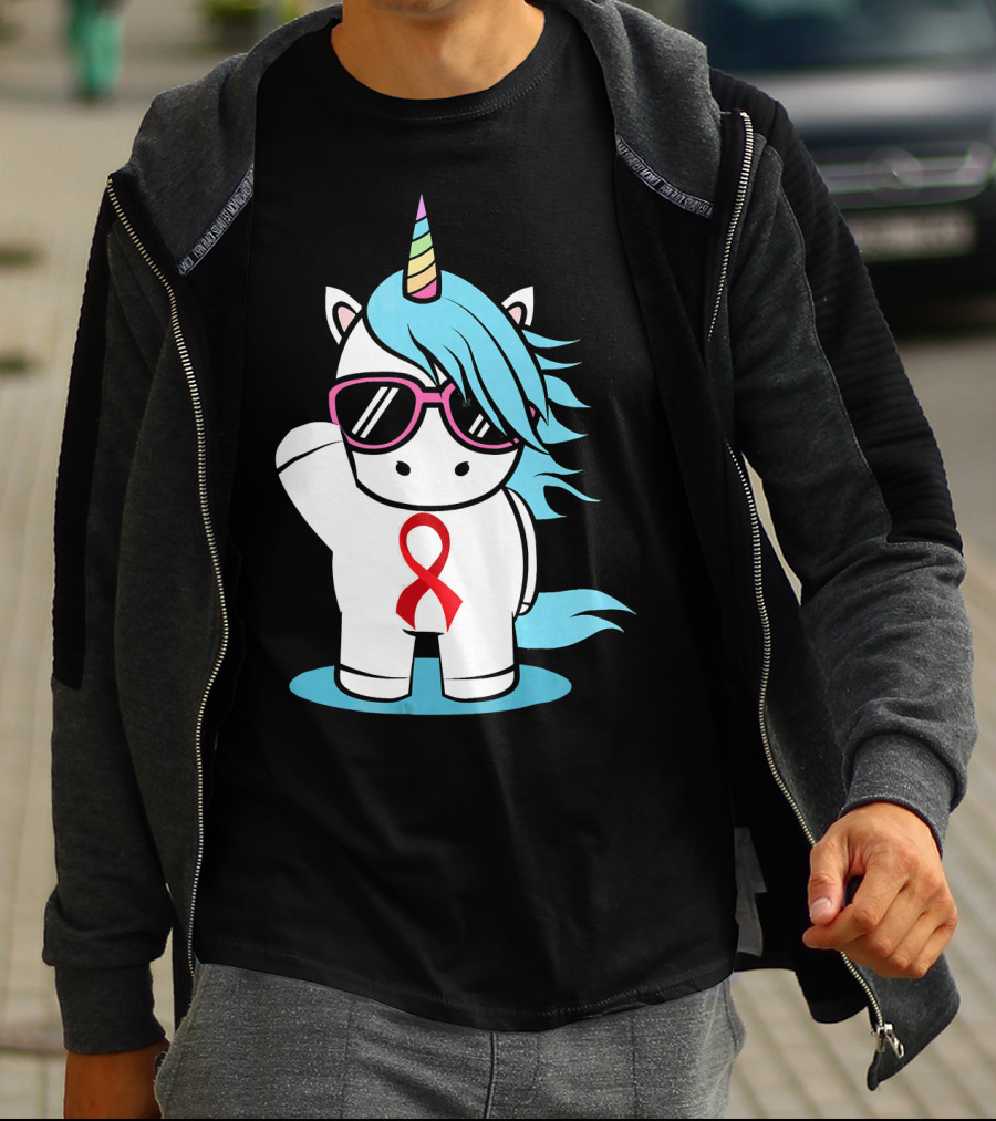 Unicorn With Sunglasses Red Ribbon Aids Awareness HIV Stigma Support T-Shirt
