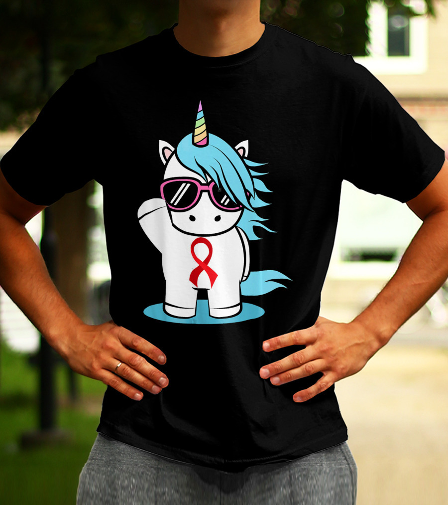 Unicorn With Sunglasses Red Ribbon Aids Awareness HIV Stigma Support T-Shirt
