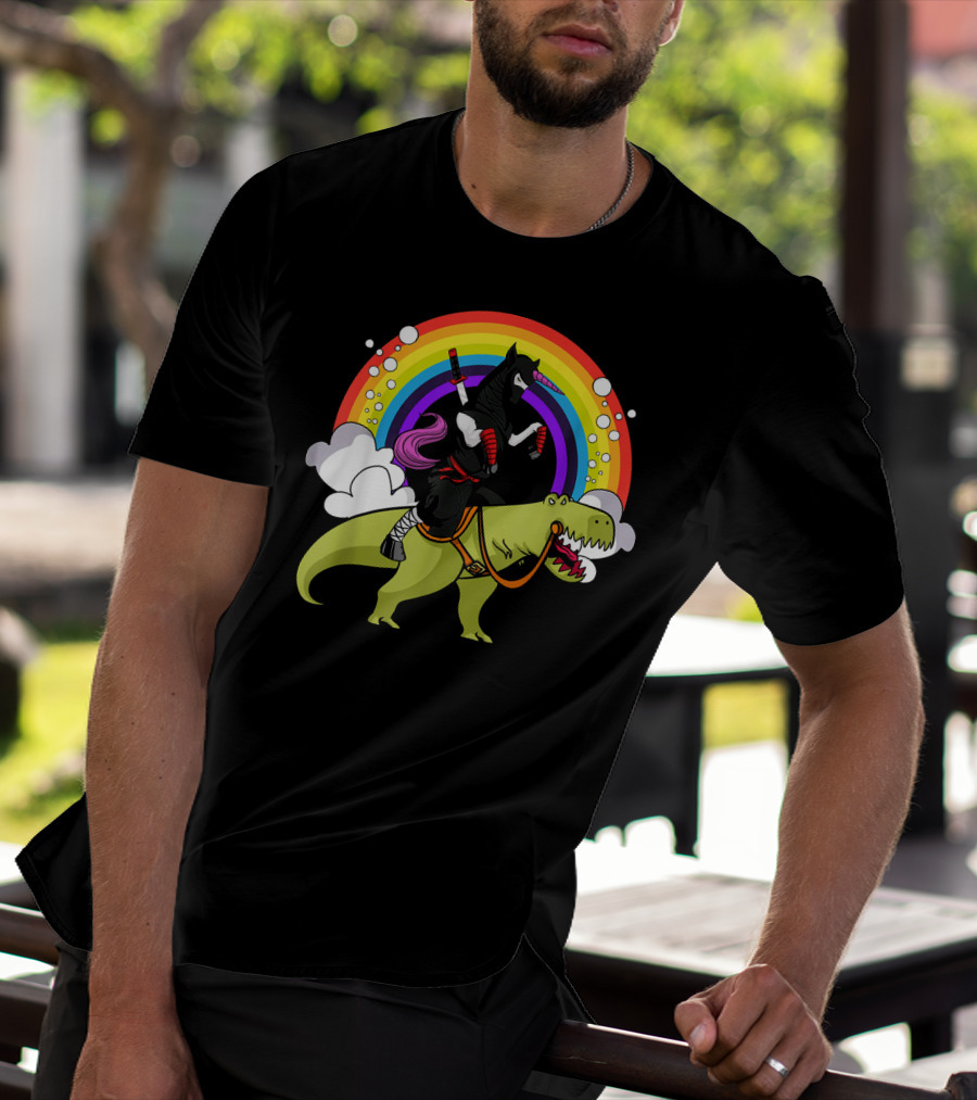 Ninja Unicorn Samurai Riding Rex Dinos Under Rainbow T-Shirt