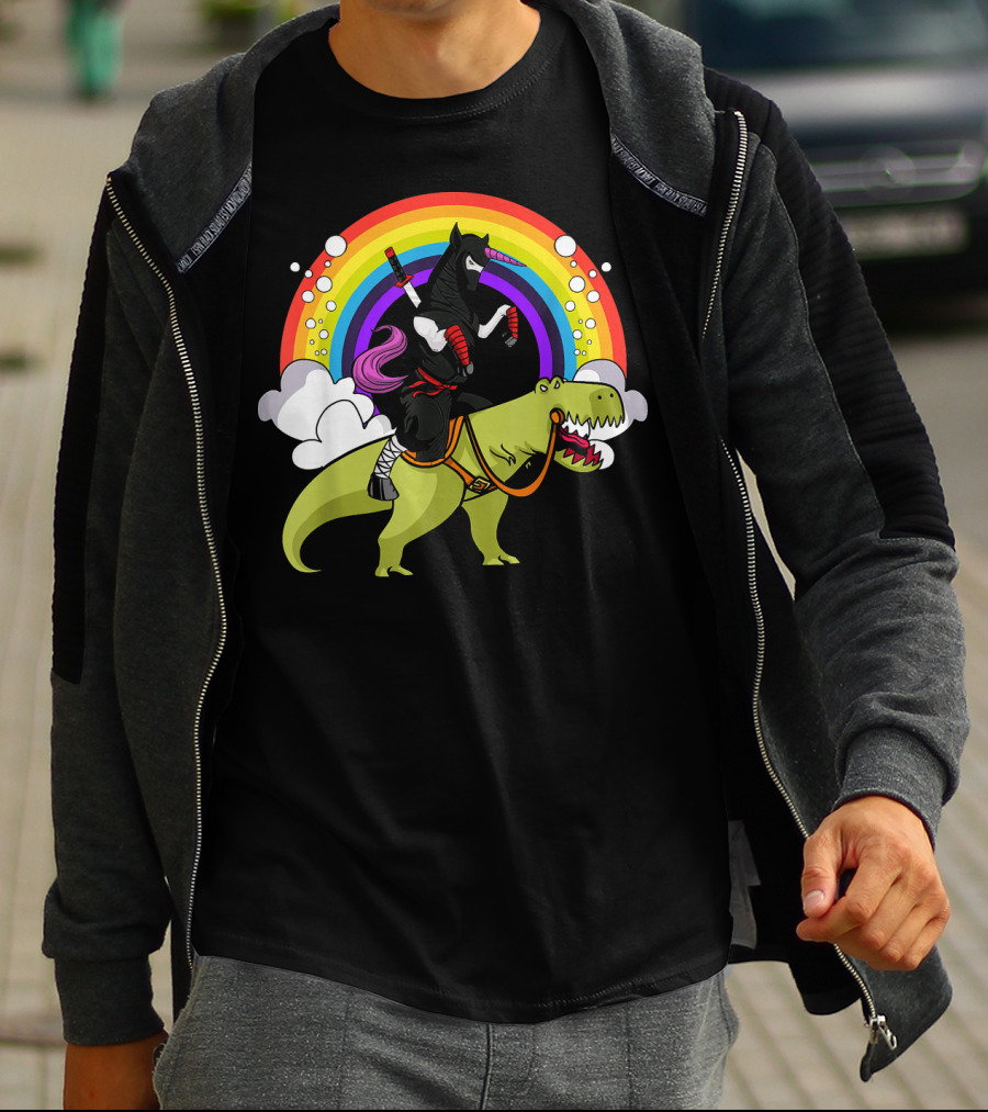 Ninja Unicorn Samurai Riding Rex Dinos Under Rainbow T-Shirt