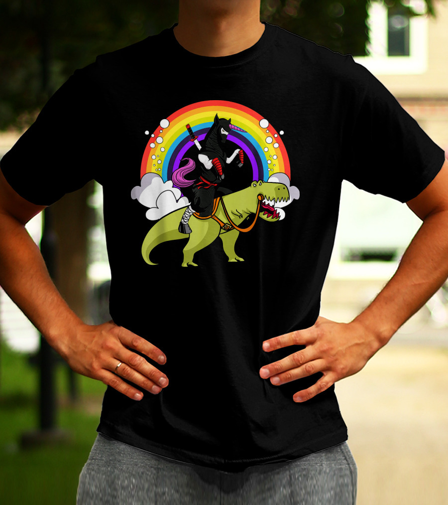 Ninja Unicorn Samurai Riding Rex Dinos Under Rainbow T-Shirt