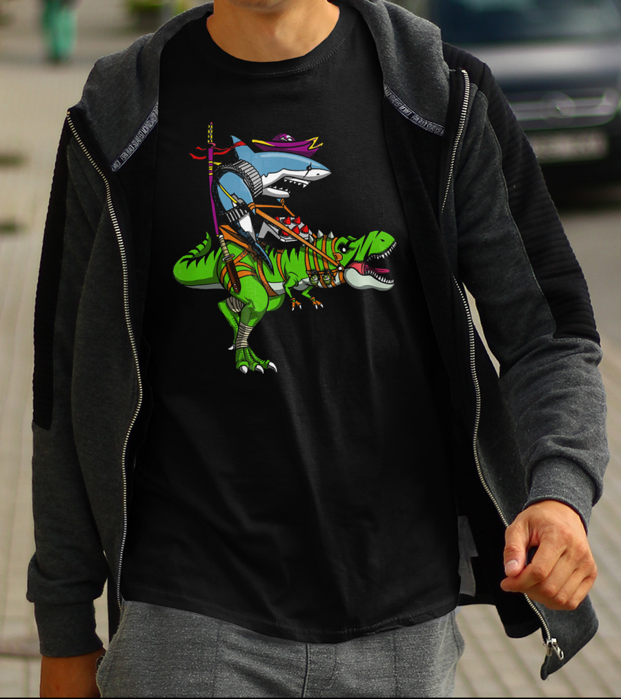 Shark Ninja Samurai On T-Rex Dinosaur Adventure T-Shirt