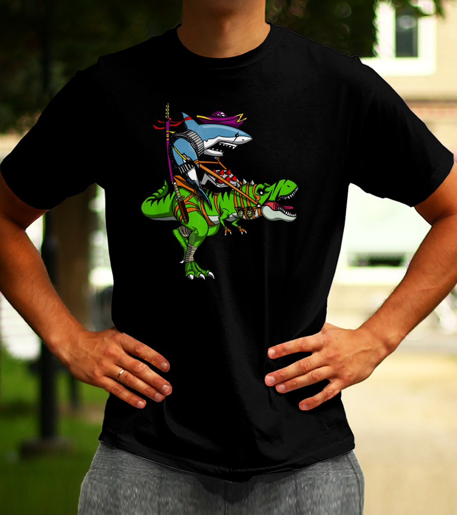 Shark Ninja Samurai On T-Rex Dinosaur Adventure T-Shirt
