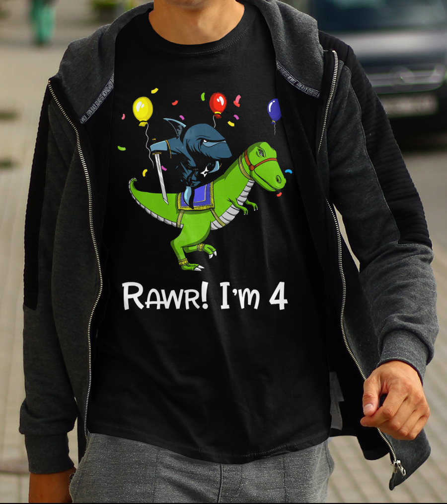 Shark Ninja Riding Dinosaur Rawr I'm 4 Birthday Celebration Balloons T-Shirt