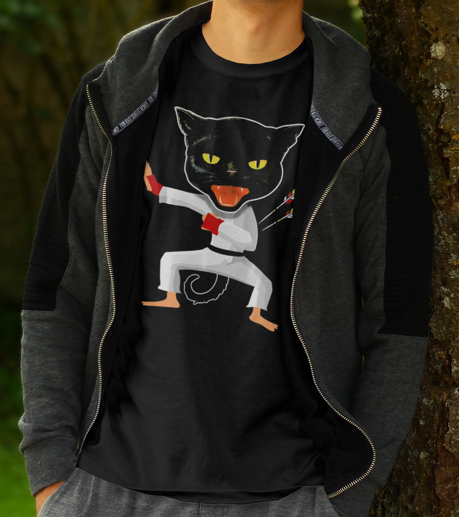 Ninja Cat Karate Master With Yellow Eyes And Arrow Struck Cloak T-Shirt