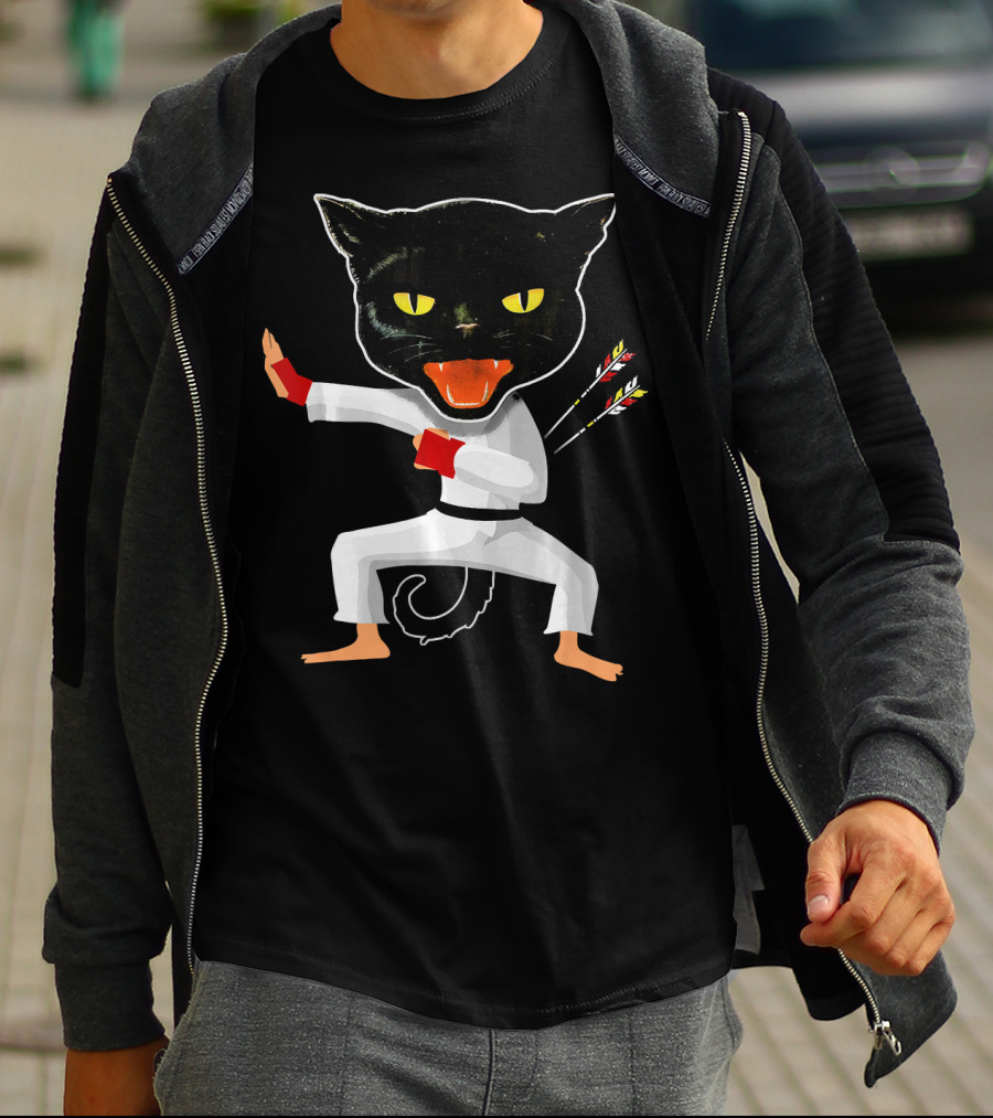 Ninja Cat Karate Master With Yellow Eyes And Arrow Struck Cloak T-Shirt