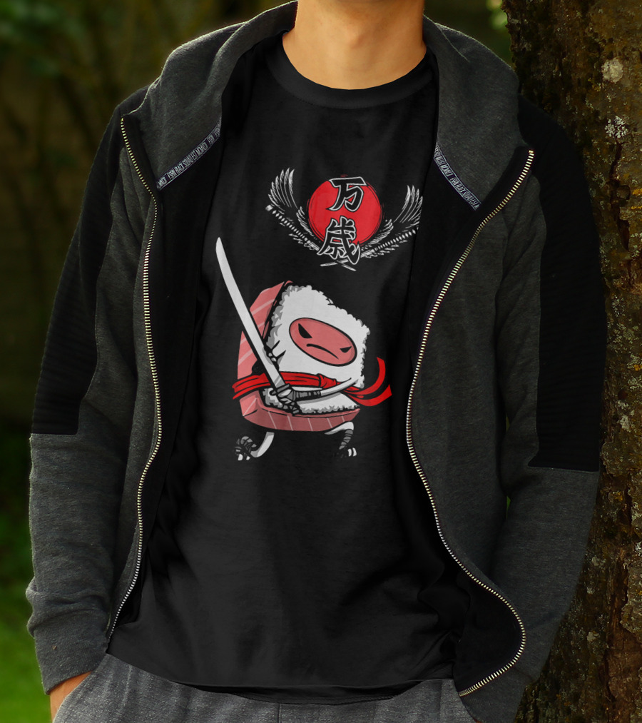 Japanese Ninja Sushi Samurai With Sword And Red Sun Kanji T-Shirt