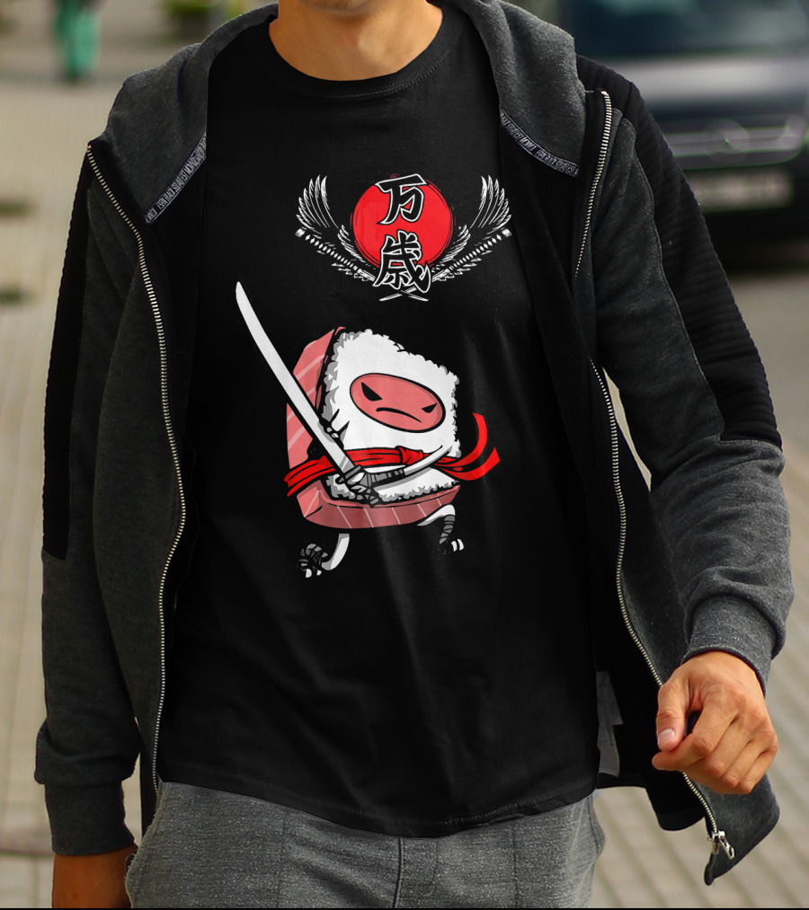 Japanese Ninja Sushi Samurai With Sword And Red Sun Kanji T-Shirt