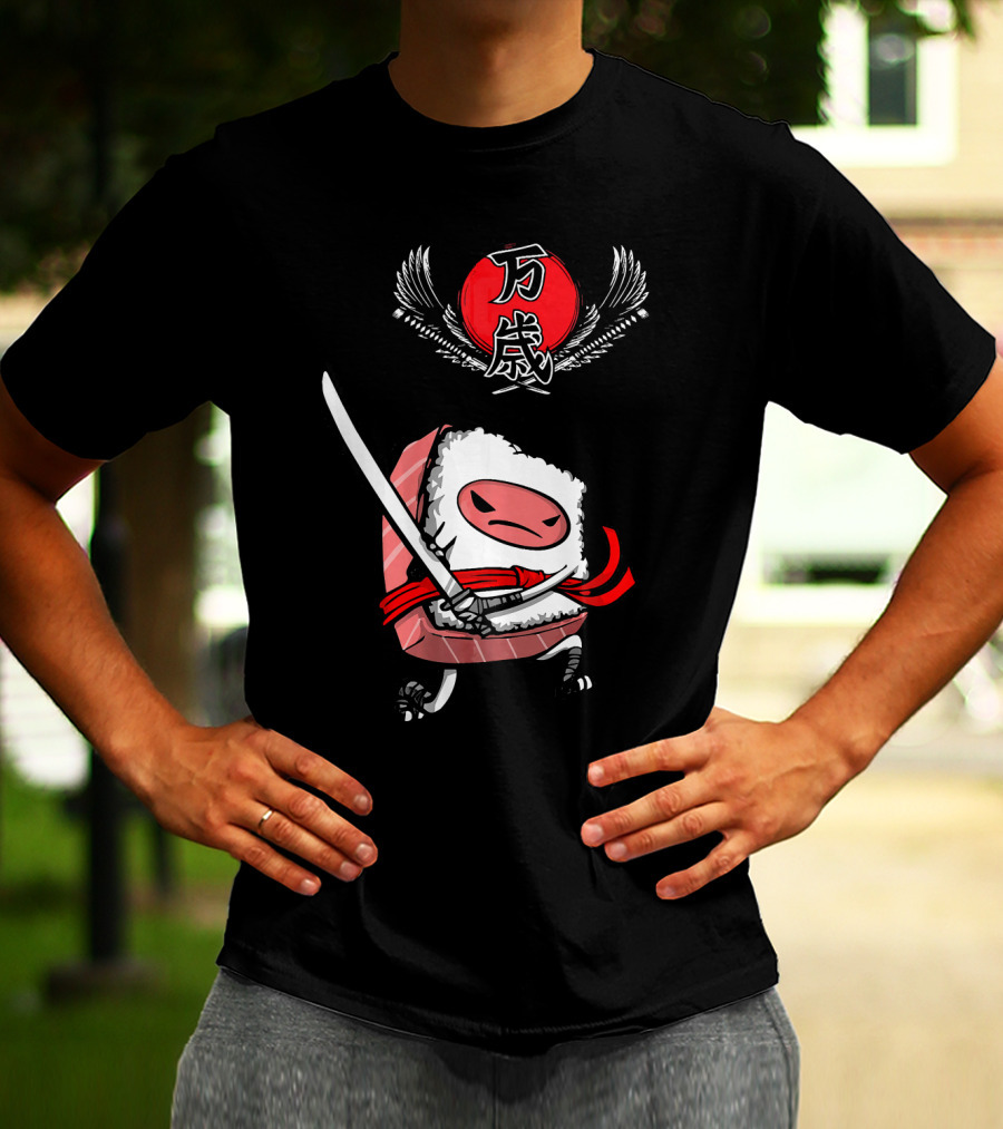 Japanese Ninja Sushi Samurai With Sword And Red Sun Kanji T-Shirt