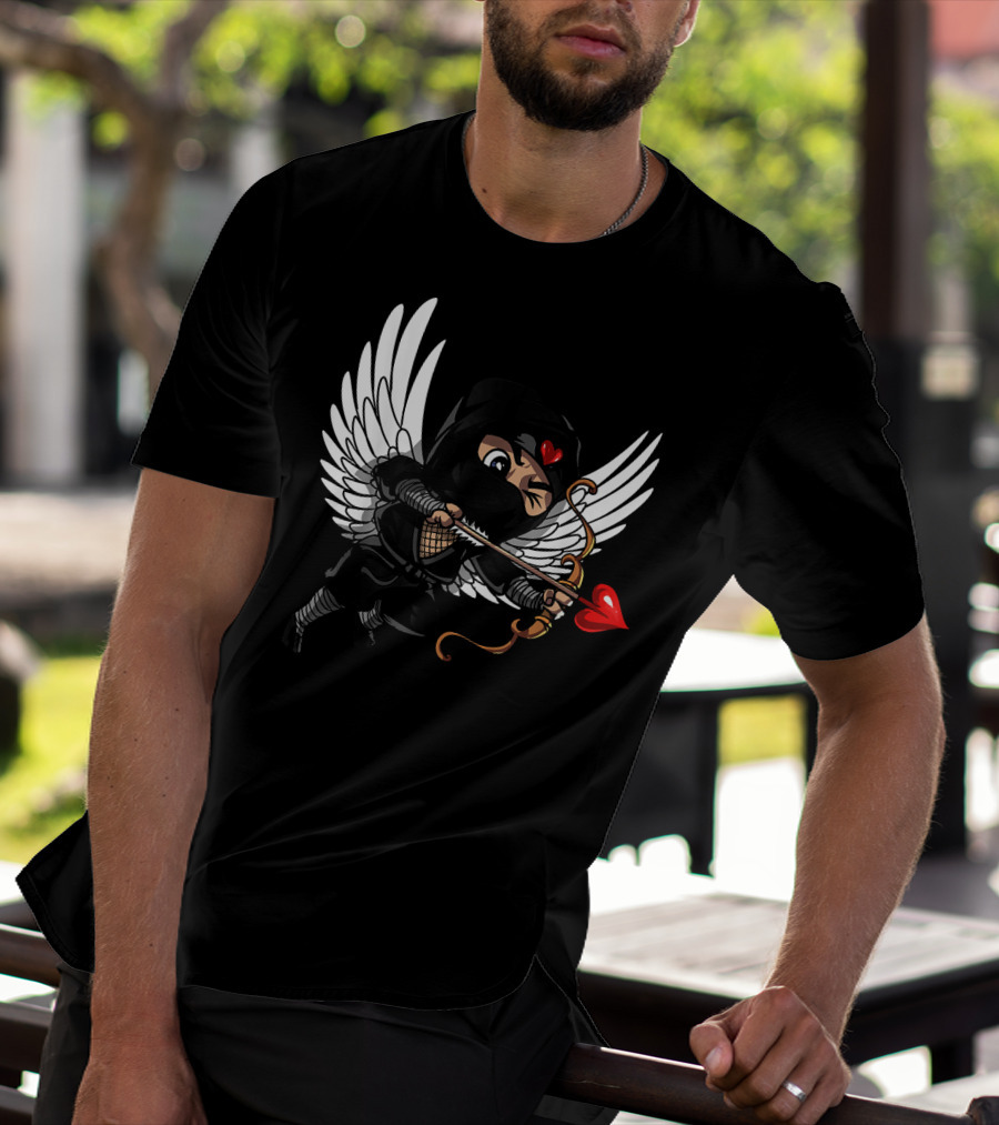Ninja Cupid Valentine With Bow And Heart Arrow Angel Wings T-Shirt