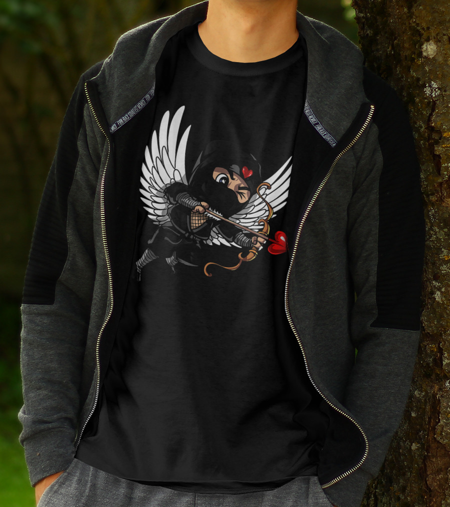 Ninja Cupid Valentine With Bow And Heart Arrow Angel Wings T-Shirt