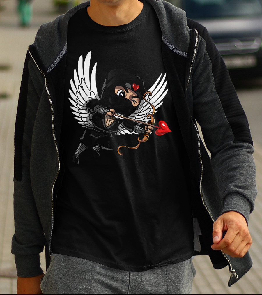 Ninja Cupid Valentine With Bow And Heart Arrow Angel Wings T-Shirt
