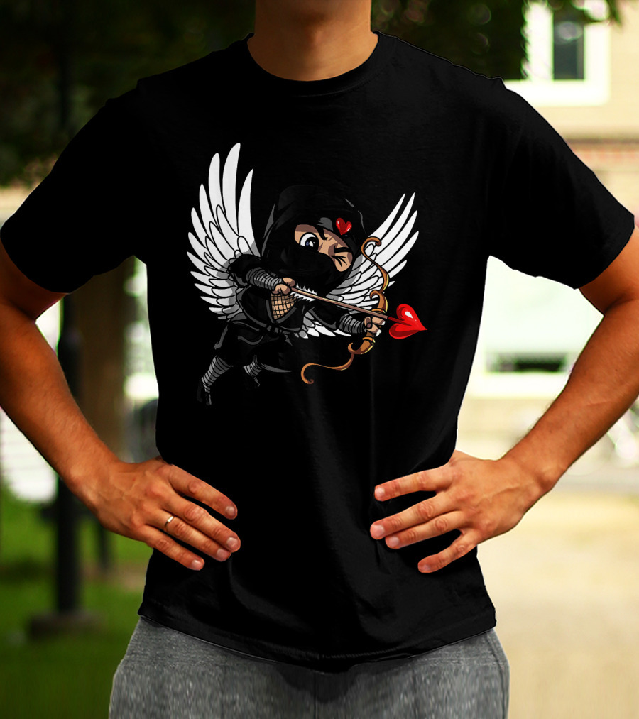 Ninja Cupid Valentine With Bow And Heart Arrow Angel Wings T-Shirt