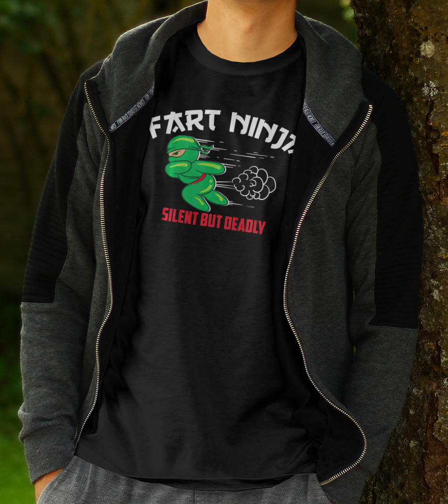 Fart Ninja Silent But Deadly Green Stealthy Figure With Cartoon Gas Cloud T-Shirt