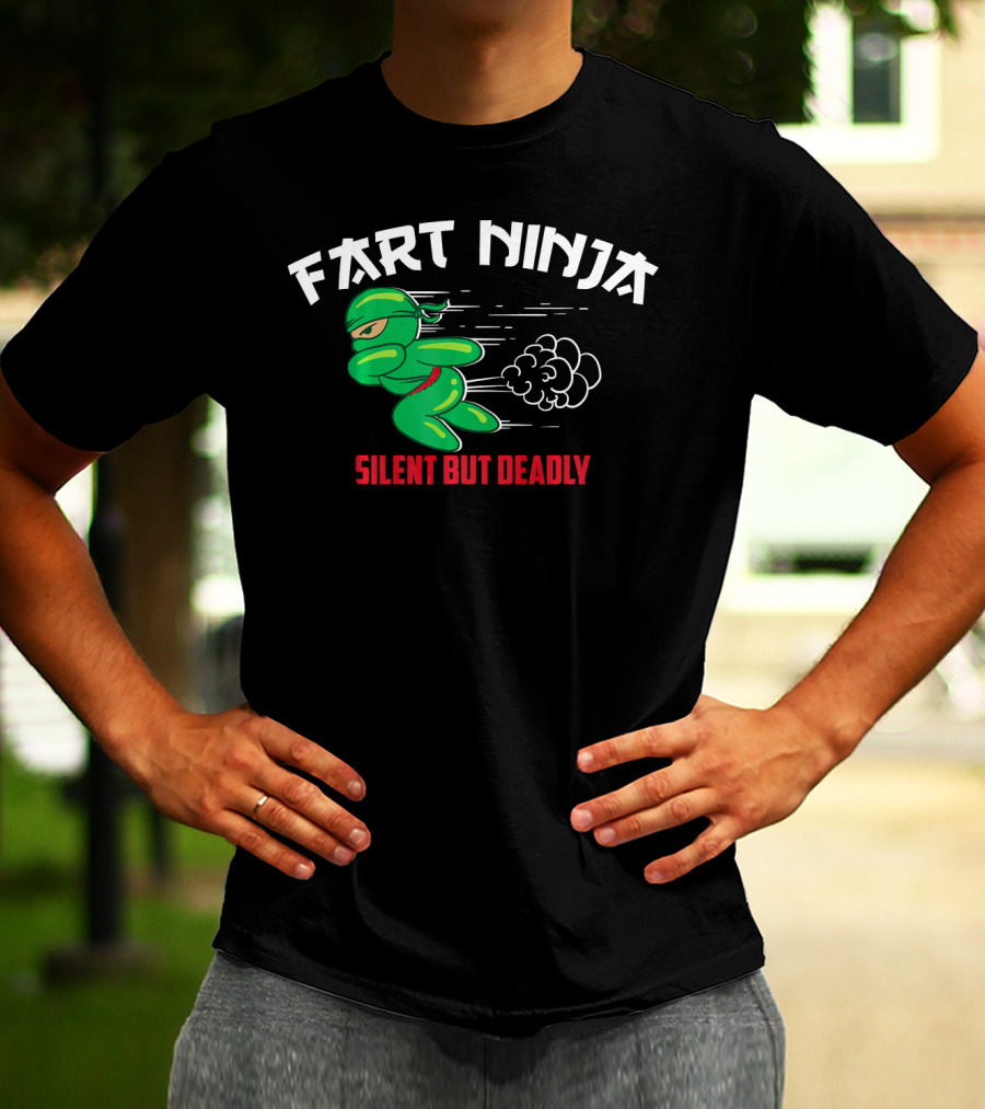 Fart Ninja Silent But Deadly Green Stealthy Figure With Cartoon Gas Cloud T-Shirt