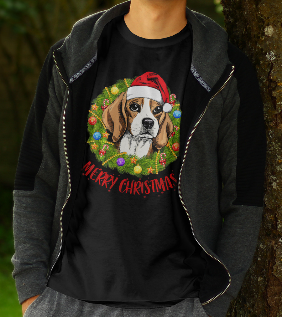 Merry Christmas Beagle Dogs In Santa Hat With Holiday Wreath T-Shirt