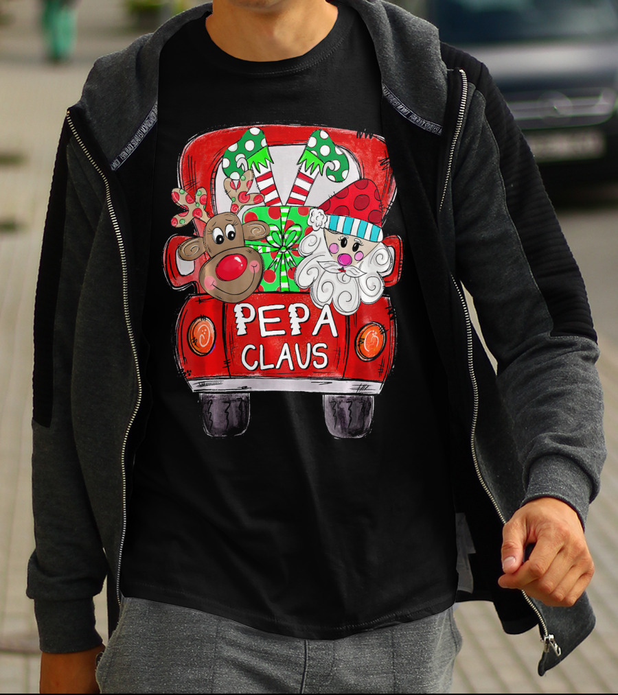 Pepa Claus Christmas Red Truck With Santa And Reindeer T-Shirt