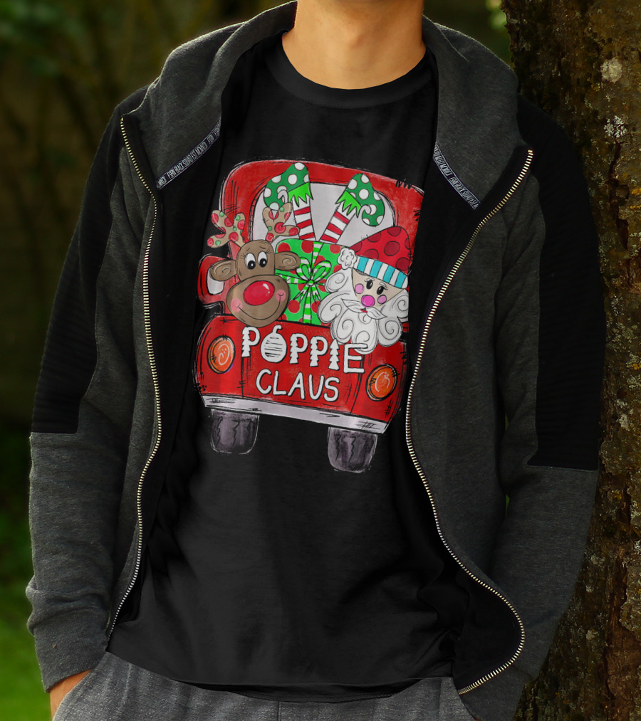 Poppie Claus Christmas Back Truck With Reindeer And Santa With Gifts T-Shirt