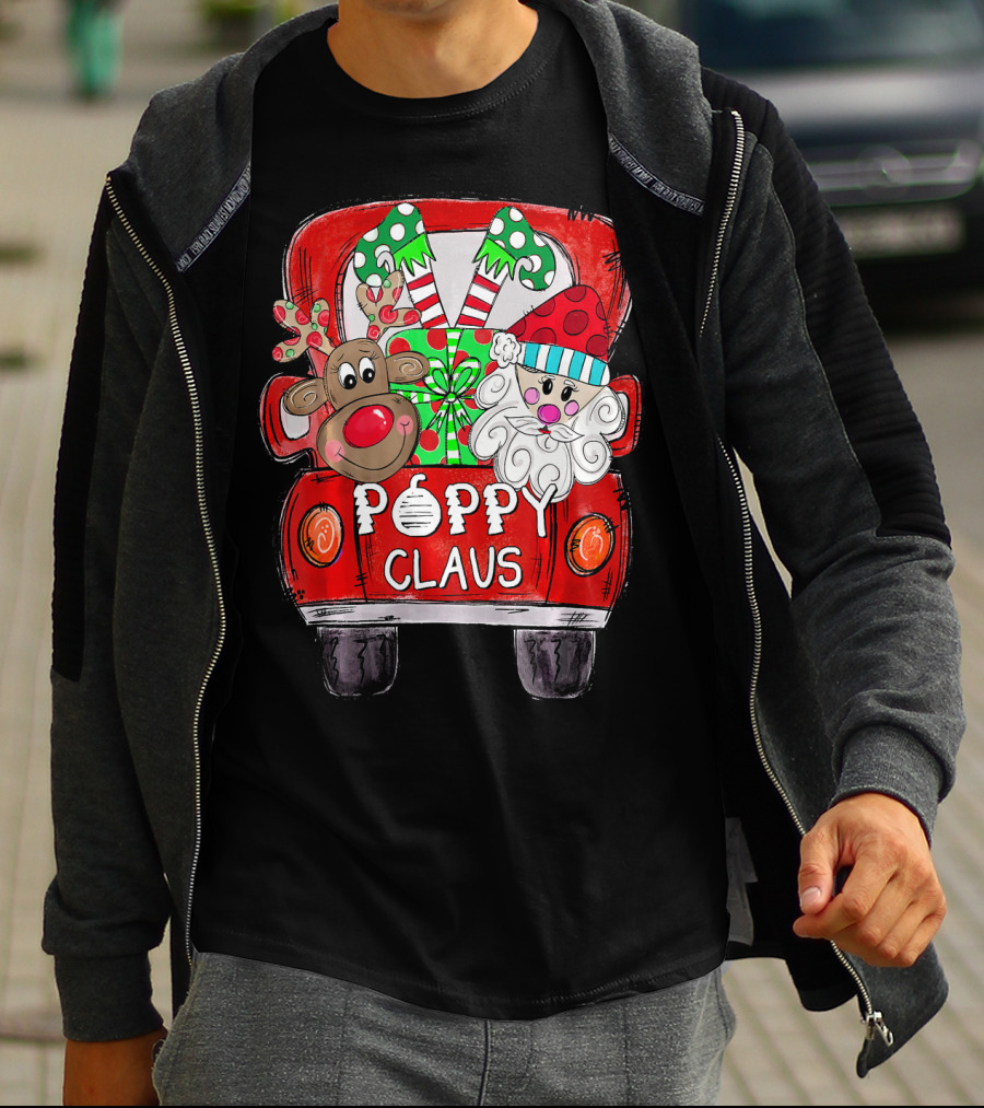 Poppy Claus Christmas Red Truck With Santa And Reindeer T-Shirt