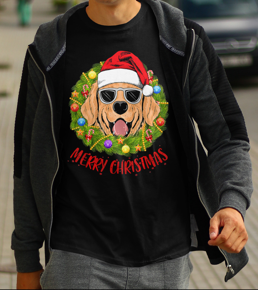 Merry Christmas Golden Retriever Dog Santa Hat Sunglasses Wreath T-Shirt