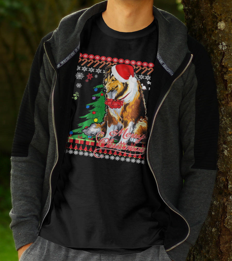 Merry Christmas Rough Collie Santa Hat Snowflakes Gifts Holiday T-Shirt