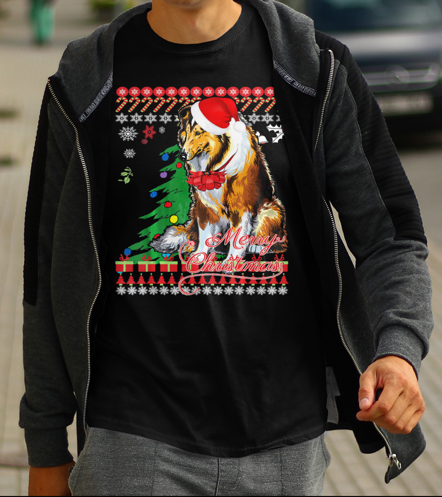 Merry Christmas Rough Collie Santa Hat Snowflakes Gifts Holiday T-Shirt