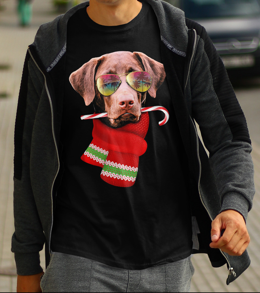 Christmas In July Labrador Sunglasses Candy Cane Scarf T-Shirt