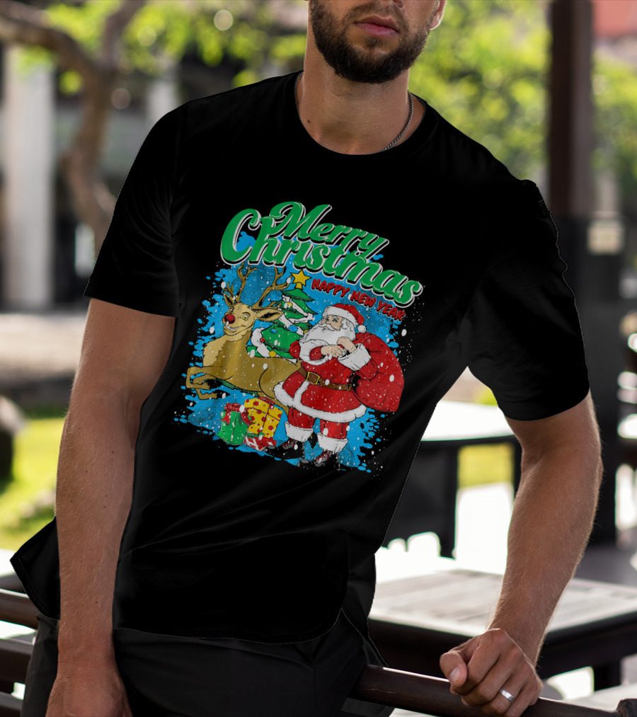 Merry Christmas Happy New Year Santa Claus Reindeer Presents T-Shirt