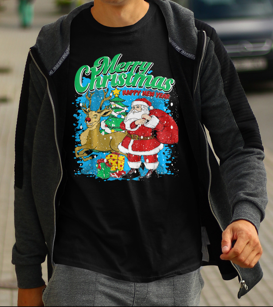 Merry Christmas Happy New Year Santa Claus Reindeer Presents T-Shirt