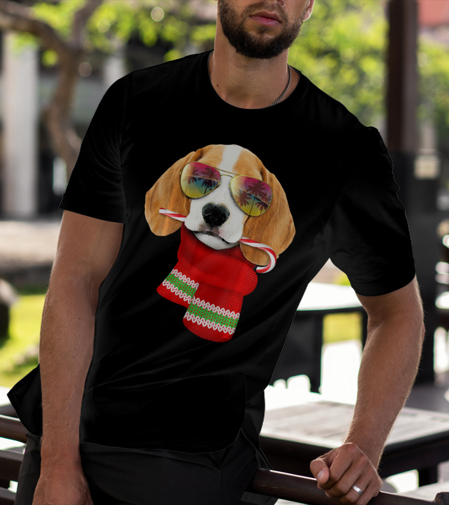 Christmas In July Beagle Sunglasses Candy Cane Scarf T-Shirt