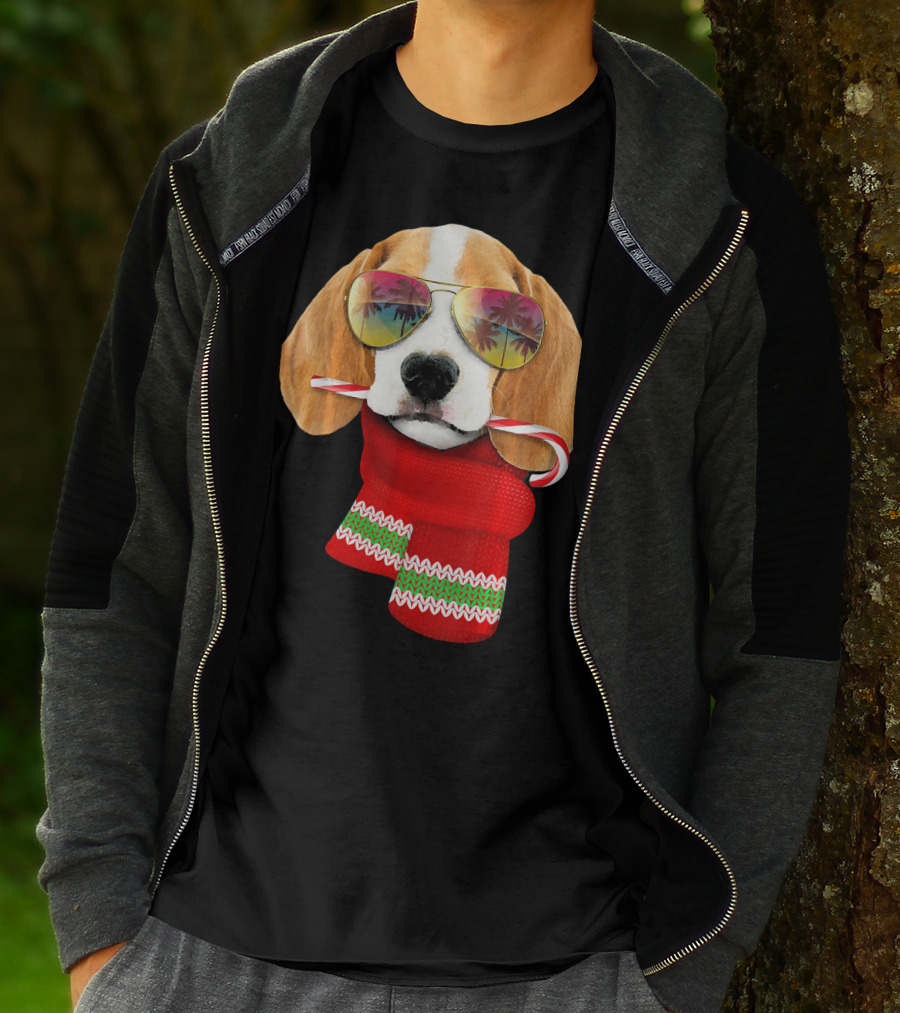 Christmas In July Beagle Sunglasses Candy Cane Scarf T-Shirt