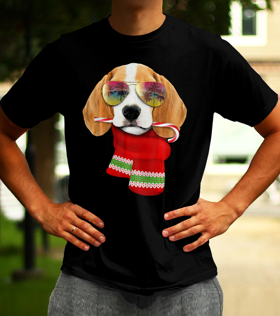 Christmas In July Beagle Sunglasses Candy Cane Scarf T-Shirt