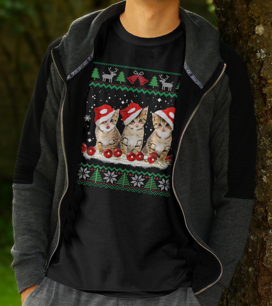 Ugly Christmas Cat Santa Hat Reindeer Bells Snowflakes Lights T-Shirt