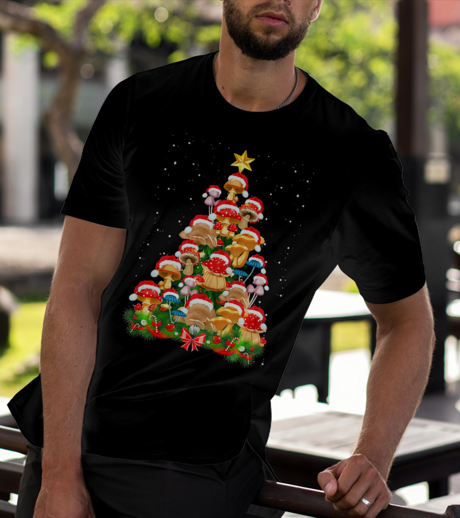 Mushroom Christmas Tree With Santa Hats And Snowflakes For Garden Lovers T-Shirt