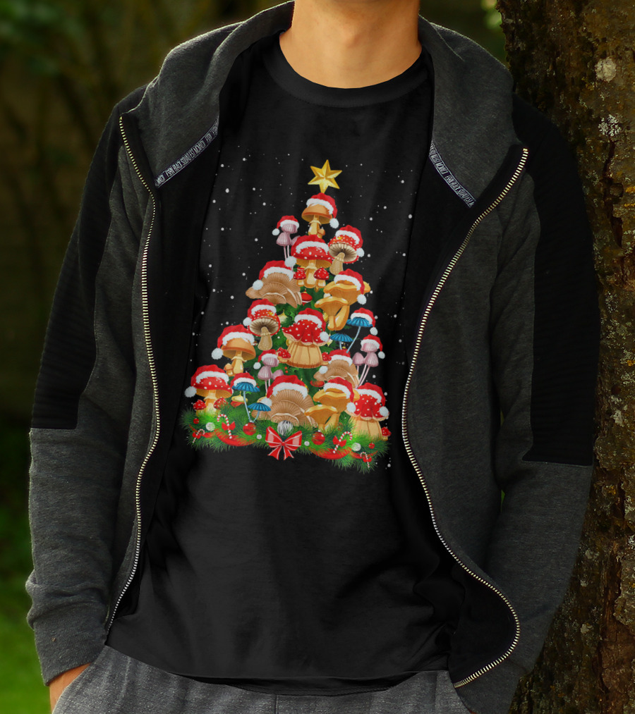Mushroom Christmas Tree With Santa Hats And Snowflakes For Garden Lovers T-Shirt