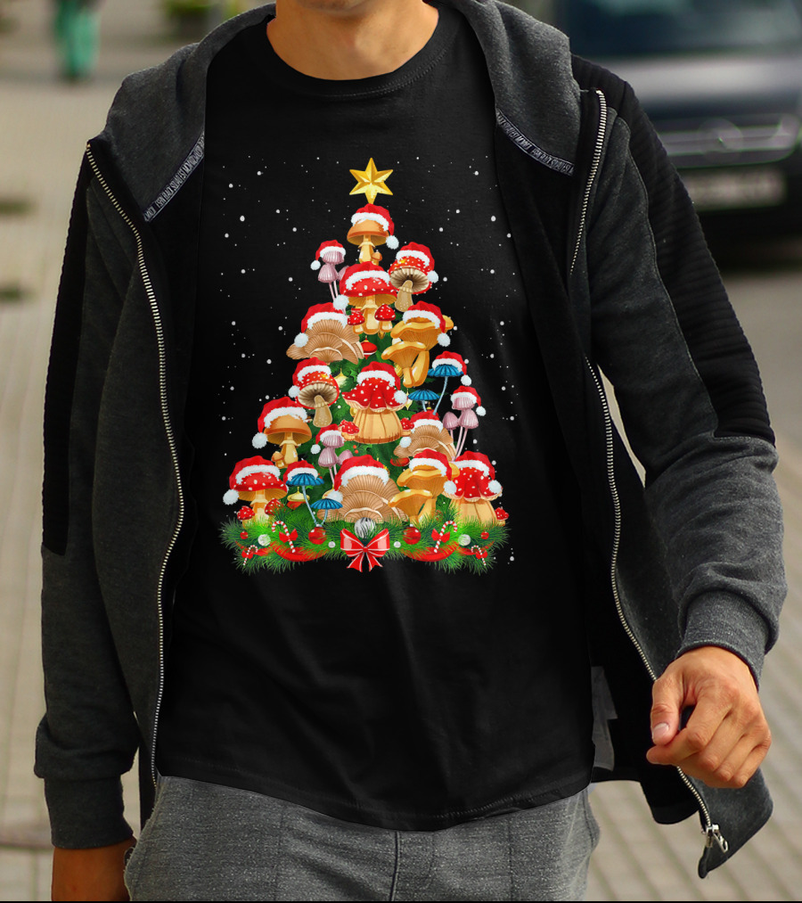 Mushroom Christmas Tree With Santa Hats And Snowflakes For Garden Lovers T-Shirt