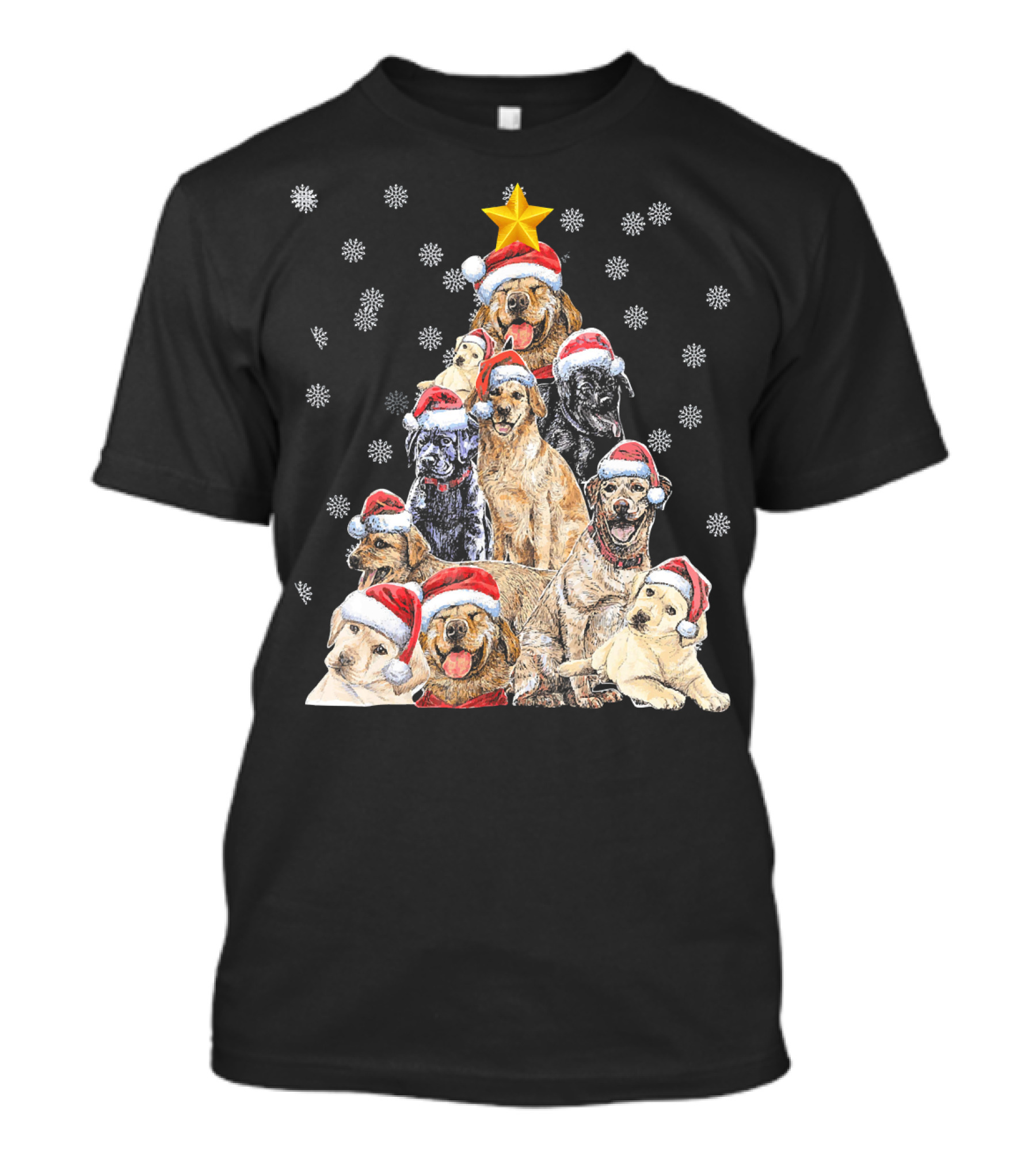 Labrador Puppies With Santa Hats Forming A Christmas Tree With Star And Snowflakes T-Shirt