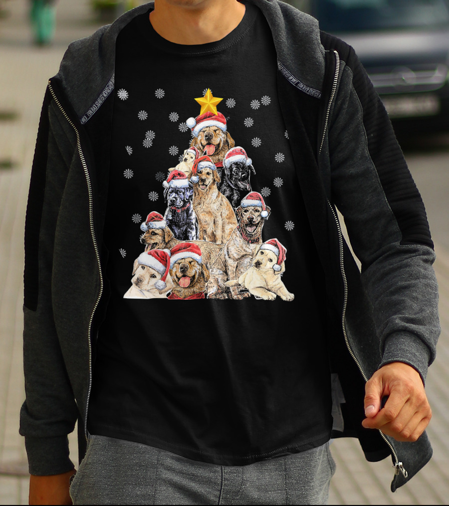 Labrador Puppies With Santa Hats Forming A Christmas Tree With Star And Snowflakes T-Shirt