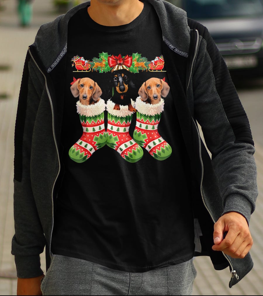 Dachshund Christmas Dogs In Festive Stockings T-Shirt