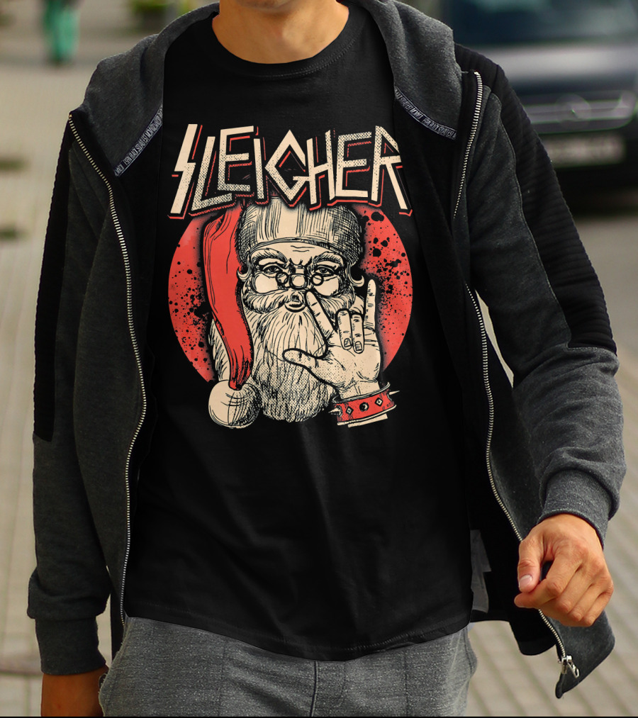 SLEIGHER Heavy Metal Music Santa Circle Red Santa Hat Hand Gesture T-Shirt