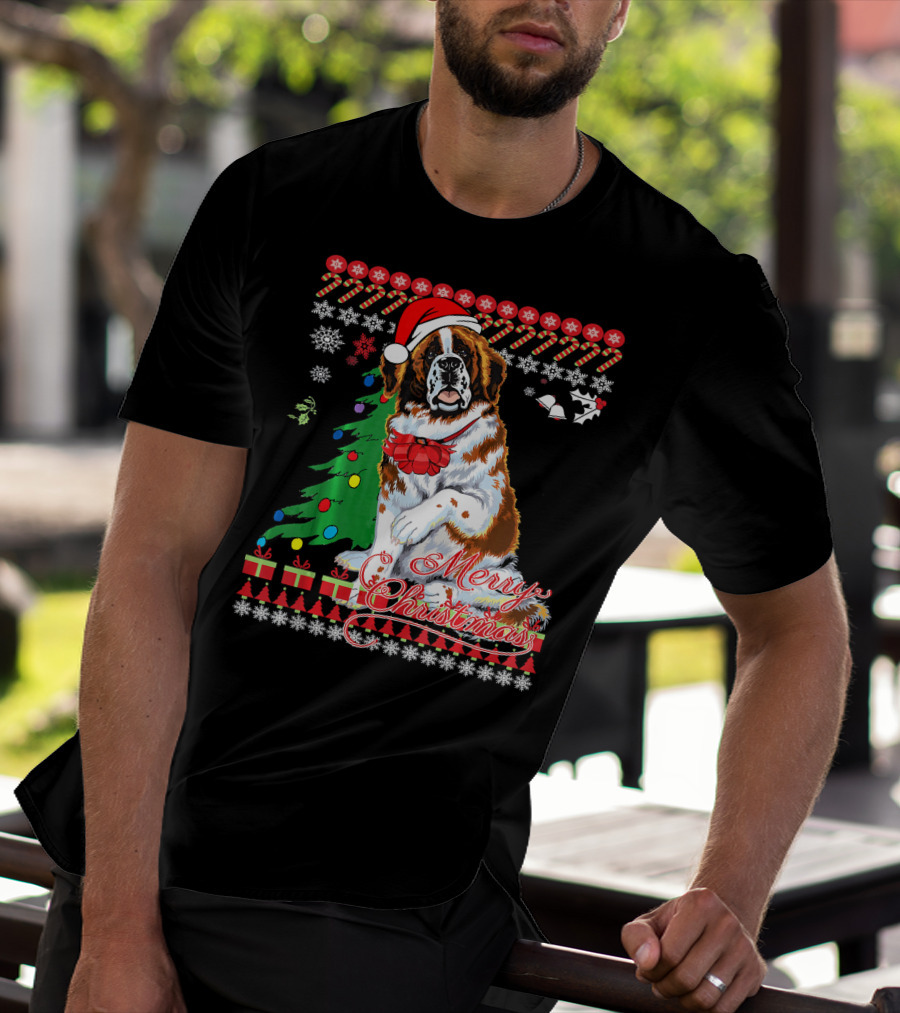 Merry Christmas Saint Bernard Dog Ugly Christmas T-Shirt