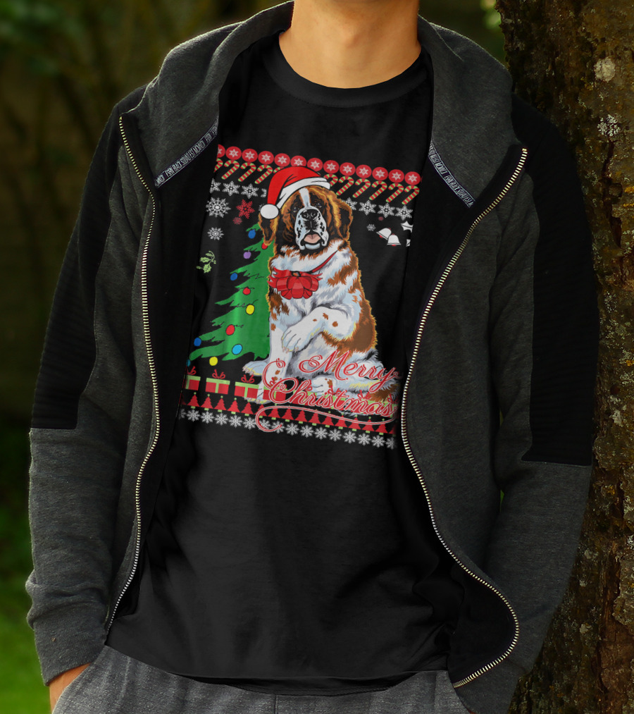 Merry Christmas Saint Bernard Dog Ugly Christmas T-Shirt