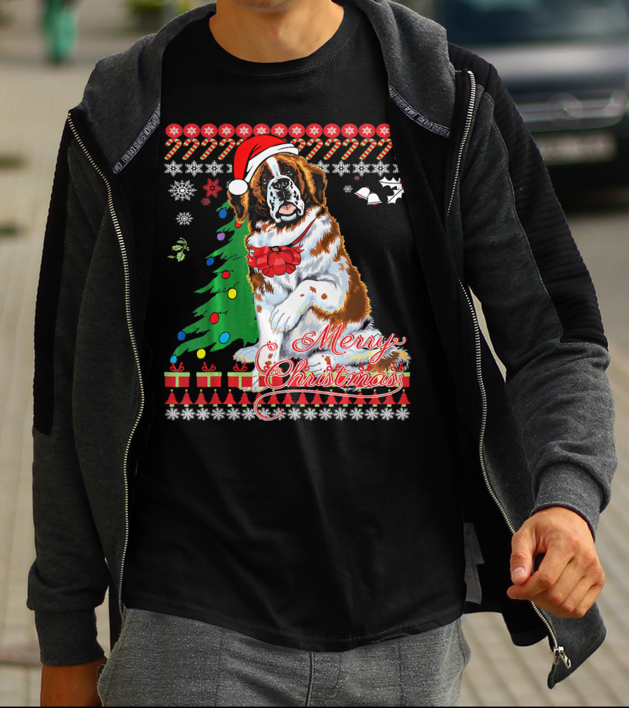 Merry Christmas Saint Bernard Dog Ugly Christmas T-Shirt