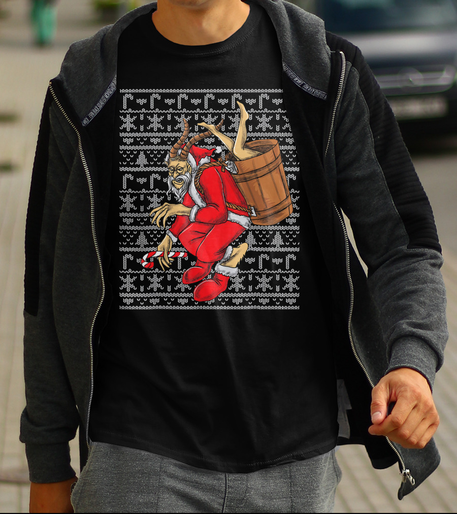 Krampus Ugly Christmas Sweater-Style Santa With Barrel And Candy Cane T-Shirt
