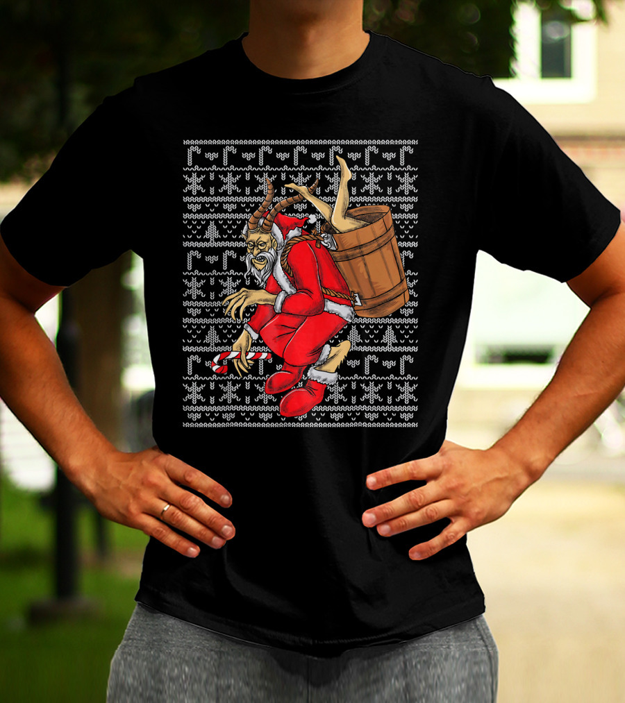Krampus Ugly Christmas Sweater-Style Santa With Barrel And Candy Cane T-Shirt
